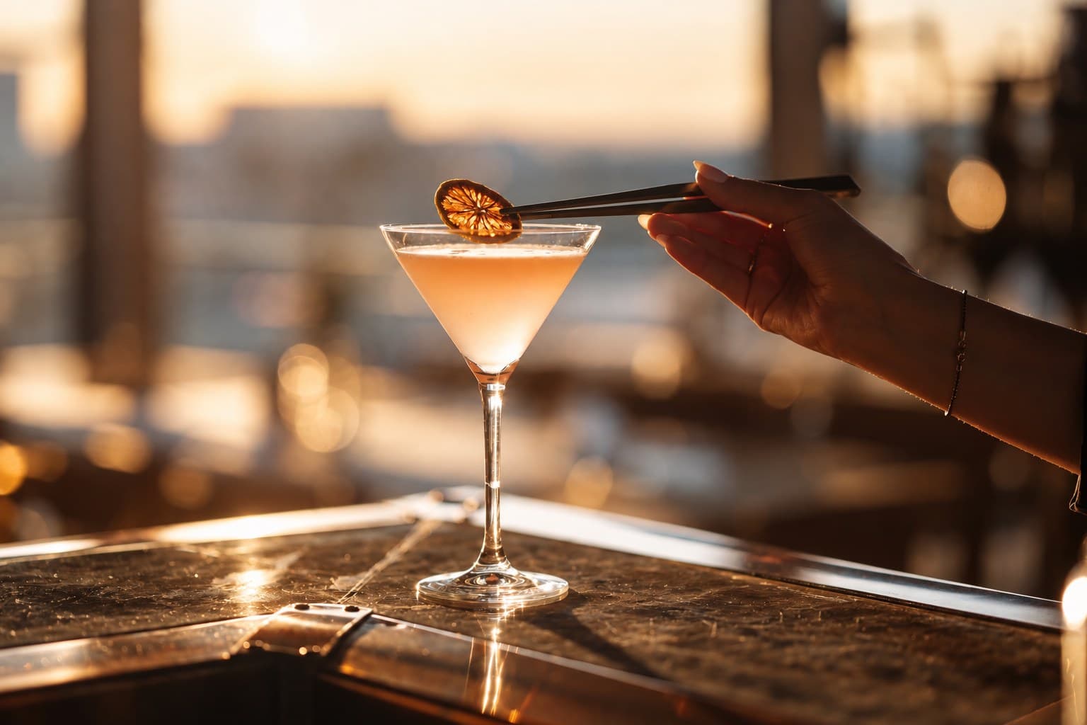 Cocktail roz cu felie de portocală, pe blatul de cupru al barului LUMI, la apus