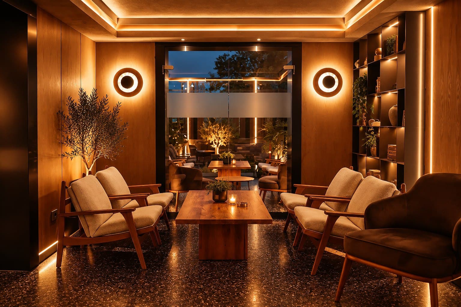 Zona de lounge, cu lumină caldă